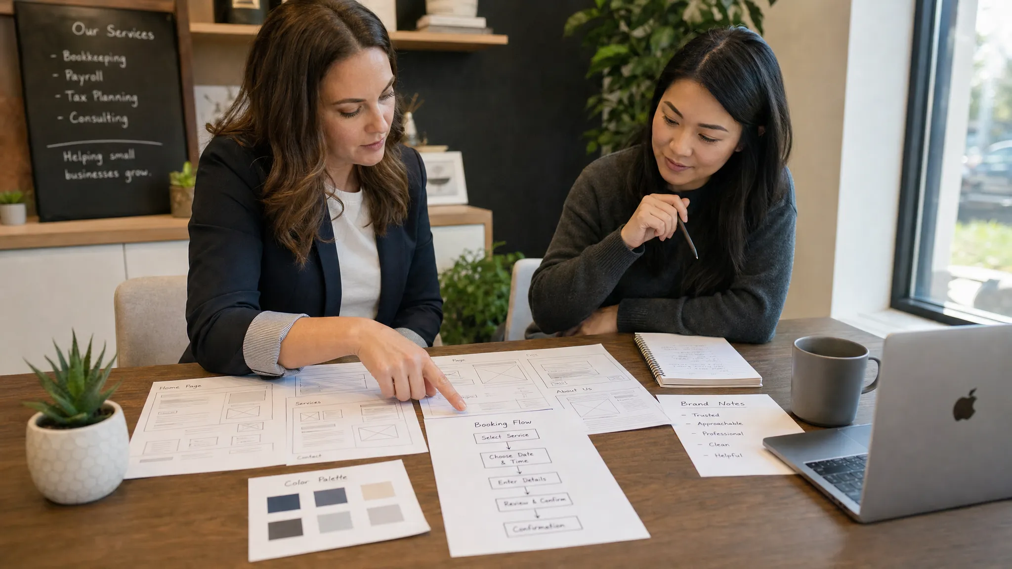 A small business owner and a web designer sit at a table reviewing printed website wireframes, brand notes, and a simple booking flow diagram for a new service business website.